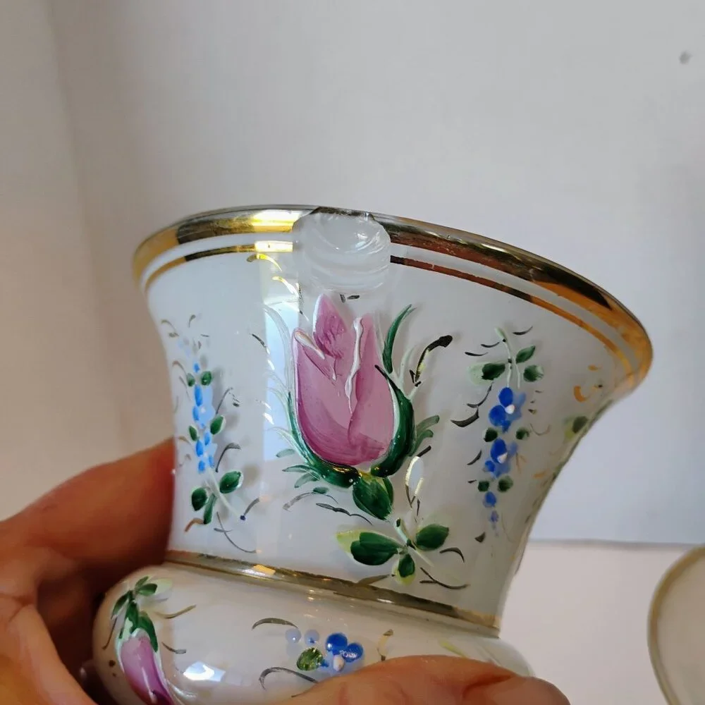 Bohemian Czech Cased Glass Vases Pair White Painted Pink Roses -CHIP READ